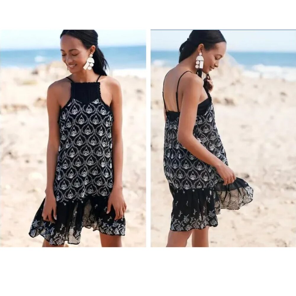 Anthropologie Sheer Embroidered Mini Dress
